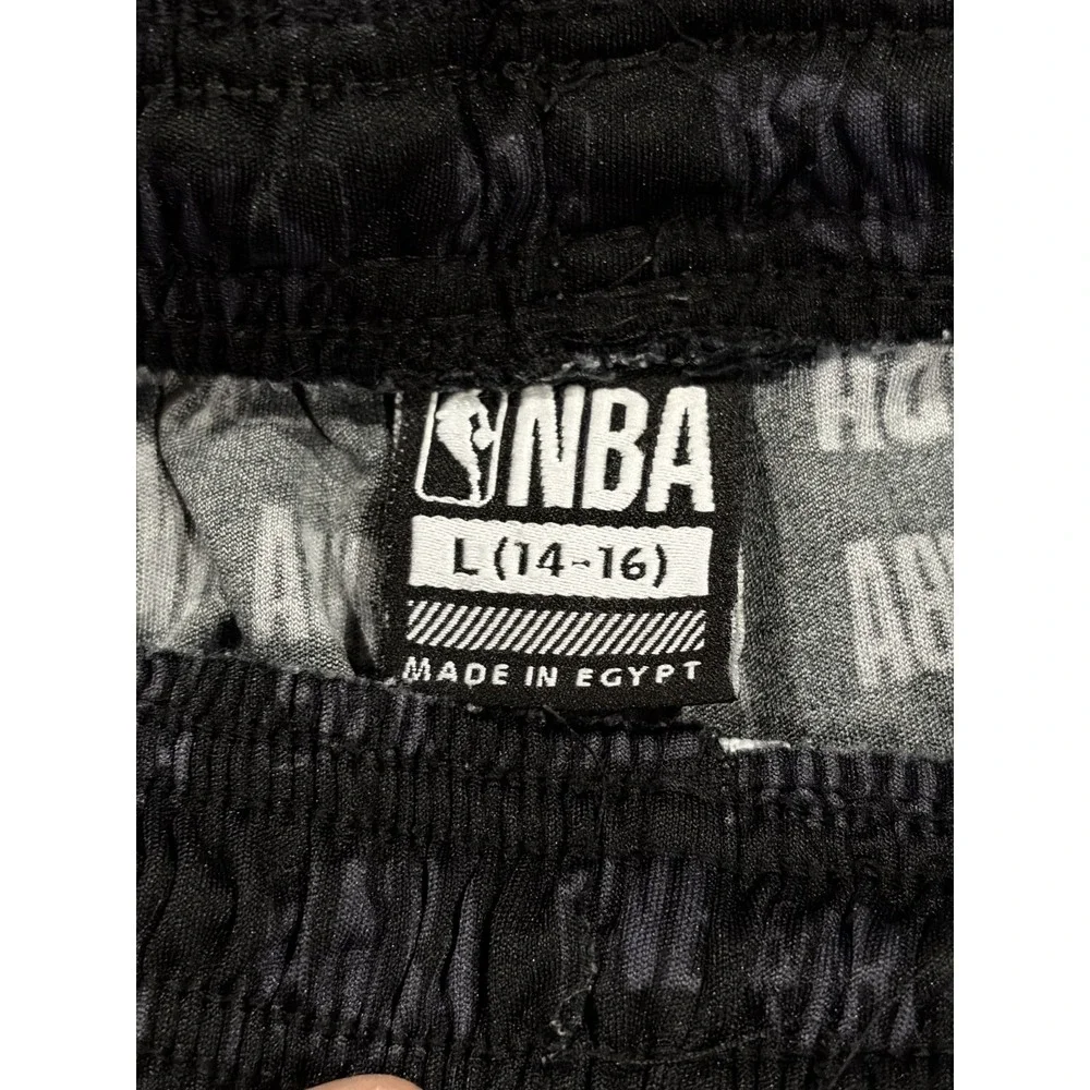 NBA Basketball Shorts Boys L (14-16) Gray Black Logo Allover Print Drawstring